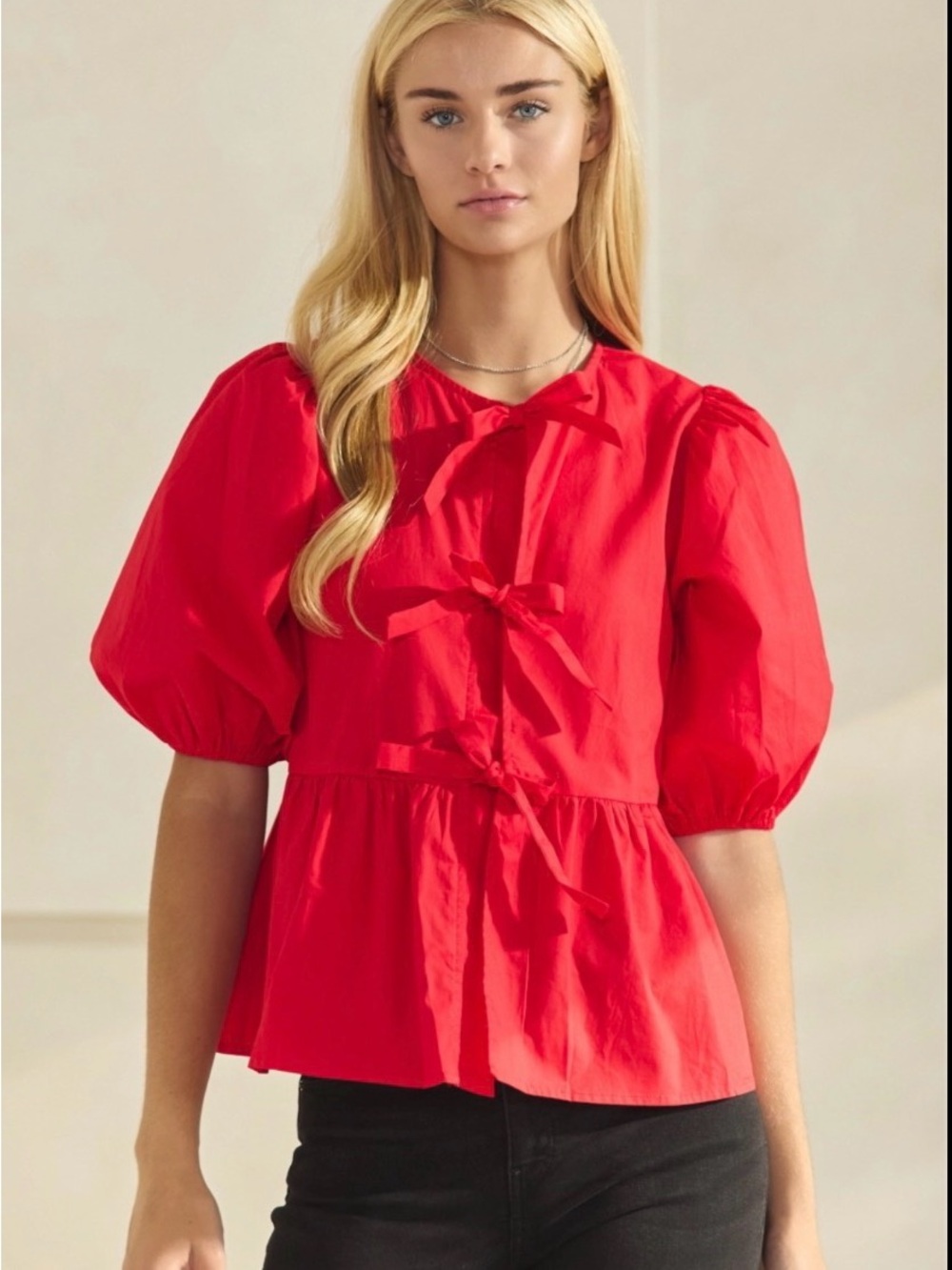 Gilli Red Puff-Sleeve Tie-Front Peplum Blouse